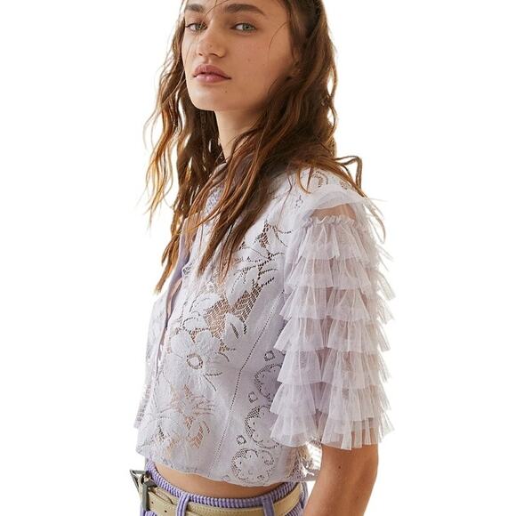Free People Tops - Free People Women’s Madonna Semi-Sheer Lace Cropped Top Blouse Lilac Size XL